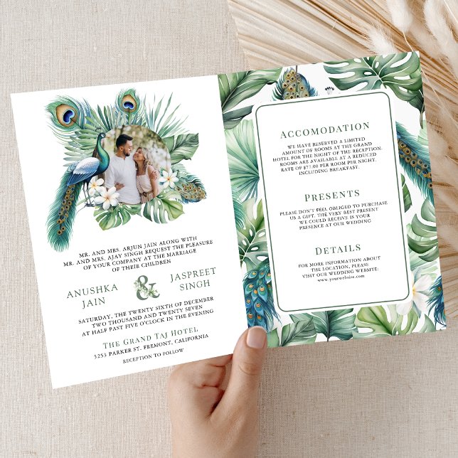 Tropical Indian Peacock Floral All in One Wedding Einladung (Von Creator hochgeladen)