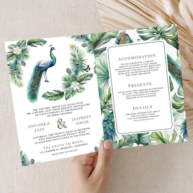 Tropical Indian Peacock Floral All in One Wedding Einladung (Von Creator hochgeladen)