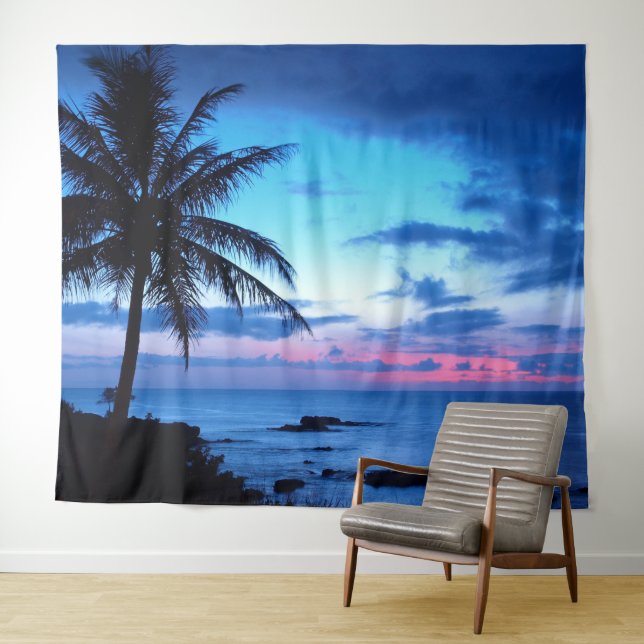 Tropical Island Beach Ocean Pink Blue Sunset Foto Wandteppich (Beispiel (Horizontal))