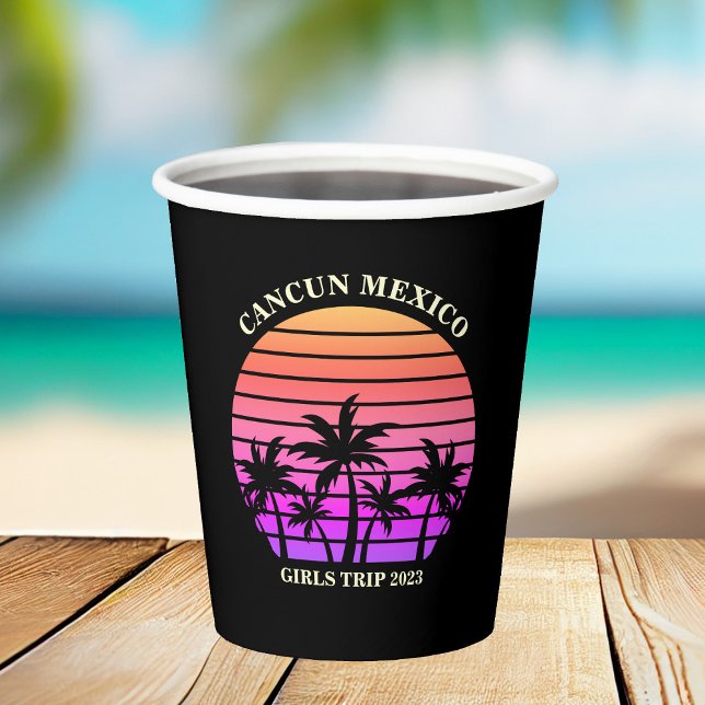Tropical Island Beach Palm Tree Pink Black Party Pappbecher (Von Creator hochgeladen)