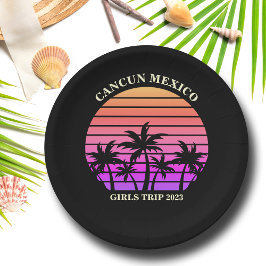 Tropical Island Beach Palm Tree Pink Black Party Pappteller