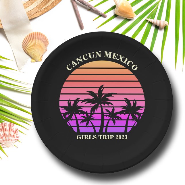 Tropical Island Beach Palm Tree Pink Black Party Pappteller (Von Creator hochgeladen)