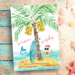 Tropical Island Beach Santa Mermaid Christmas Feiertagskarte<br><div class="desc">Beach theme "warm wishes" flat Christmas card features a tropical island, surfboard and seashells with a palm tree decked out in string lights. Santa is taking a break from surfing and is playing in the ocean, drinking from a pineapple and throwing the Hawaiian aloha hang loose shaka sign with a...</div>