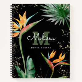 Tropical Island Floral Black Gold Monogram Script Notizbuch