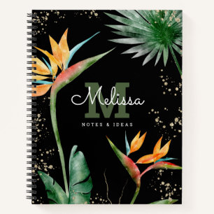Tropical Island Floral Black Gold Monogram Script Notizbuch