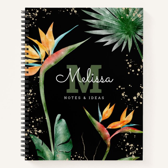 Tropical Island Floral Black Gold Monogram Script Notizbuch (Vorderseite)