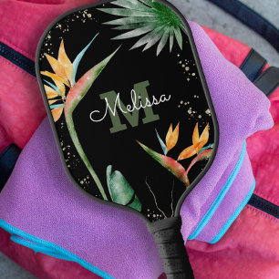 Tropical Island Floral Monogram Script Black Gold Pickleball Schläger