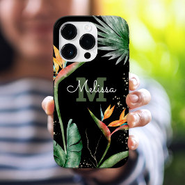 Tropical Island Floral Monogram Script Gold Black iPhone 16 Pro Hülle