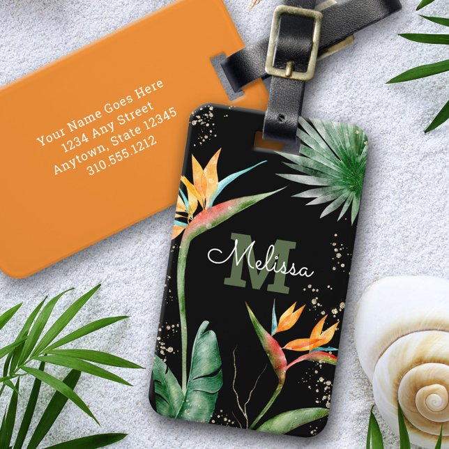 Tropical Island Floral Monogram Script Gold Black Gepäckanhänger (Von Creator hochgeladen)