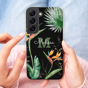 Tropical Island Floral Monogram Script Gold Black Samsung Galaxy Hülle