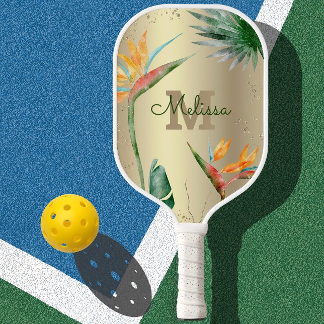 Tropical Island Floral Monogram Script Gold Foil Pickleball Schläger (Von Creator hochgeladen)