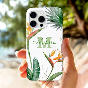 Tropical Island Floral Monogram Script Gold White iPhone 16 Pro Max Hülle