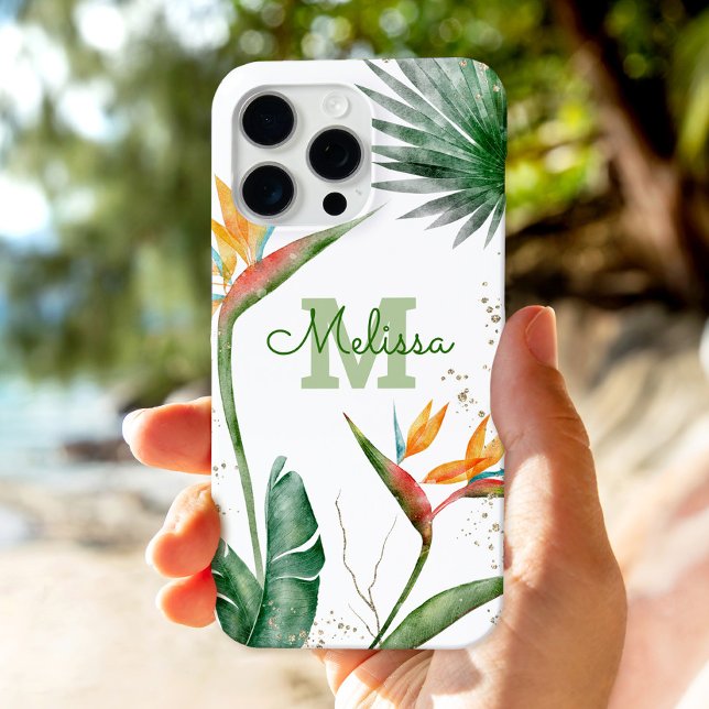 Tropical Island Floral Monogram Script Gold White Case-Mate iPhone Hülle (Von Creator hochgeladen)