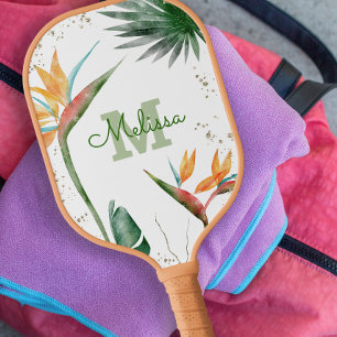 Tropical Island Floral Monogram Script White Gold Pickleball Schläger
