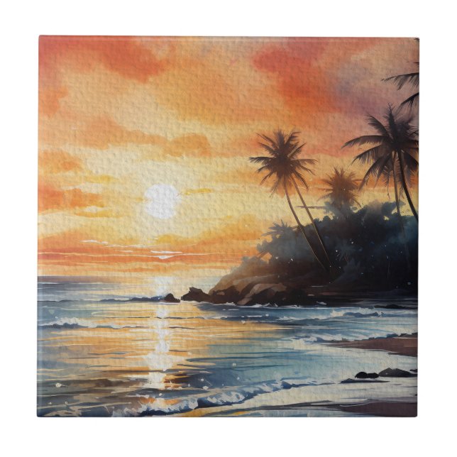 Tropical Island Ocean Beach Sunset Decorative Fliese (Vorderseite)