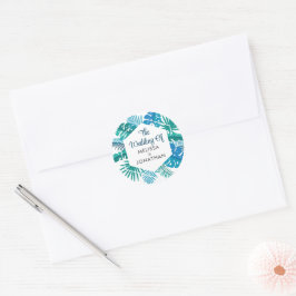 Tropical Island Palm Leaf Blue Beach Wedding Runder Aufkleber