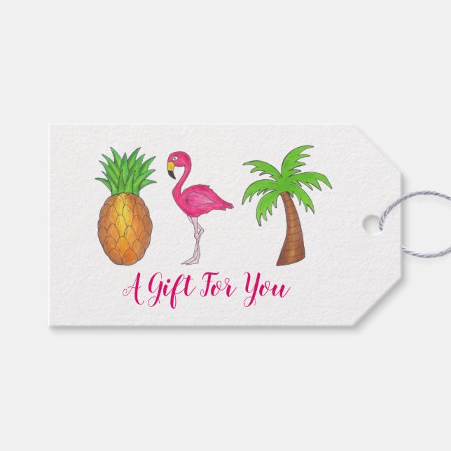 Tropical Island Palm Tree Ananas Pink Flamingo Geschenkanhänger (Vorderseite (Horizontal))