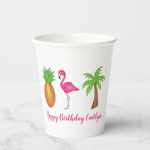 Tropical Island Palm Tree Ananas Pink Flamingo Pappbecher
