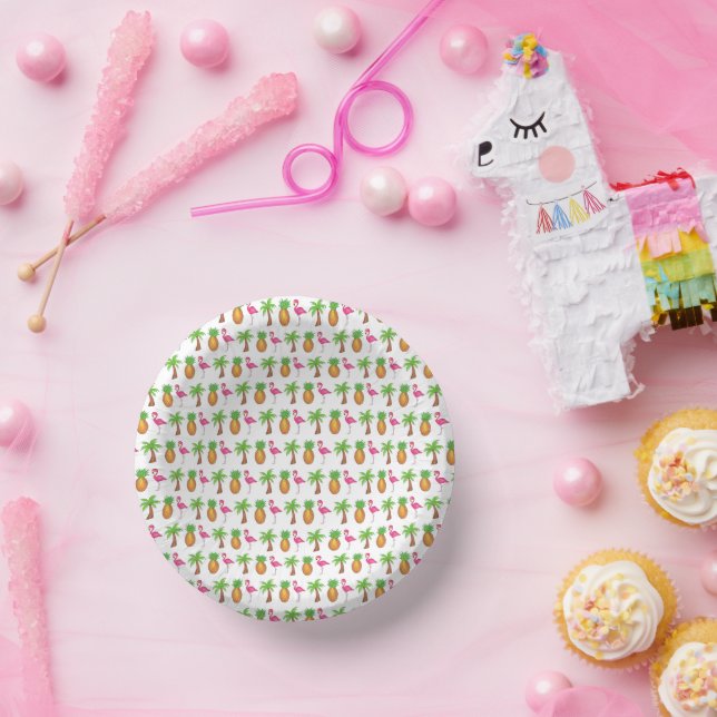 Tropical Island Palm Tree Ananas Pink Flamingo Pappteller (Party)