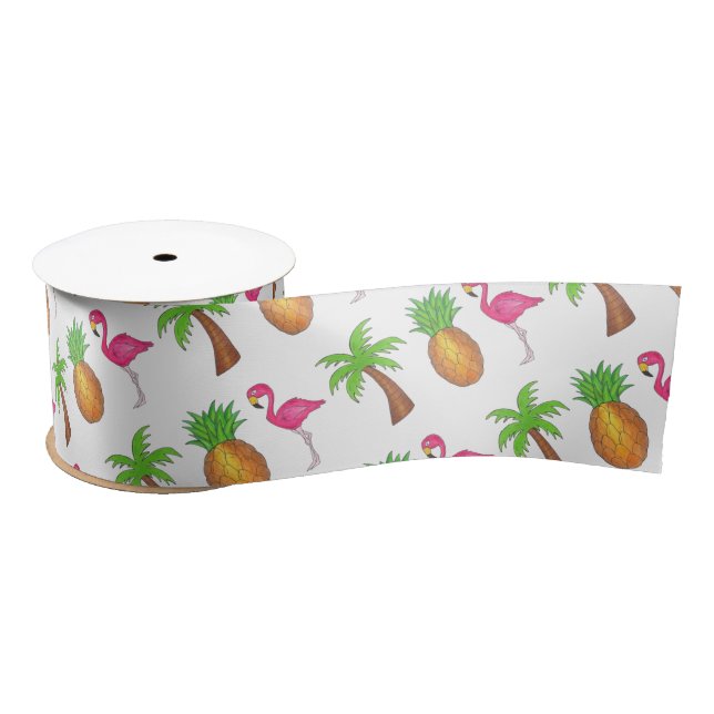 Tropical Island Palm Tree Ananas Pink Flamingo Satinband (Spule)