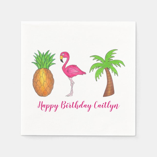 Tropical Island Palm Tree Ananas Pink Flamingo Serviette (Vorderseite)