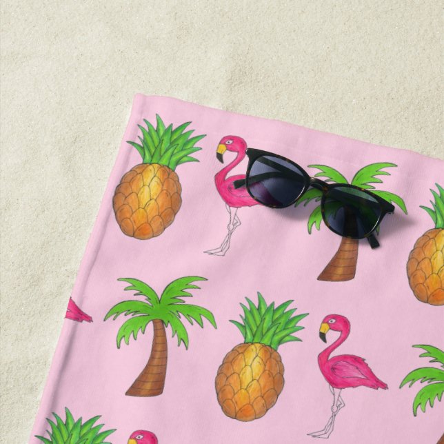 Tropical Island Palm Tree Ananas Pink Flamingo Strandtuch (Beispiel)