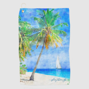 Tropical Island Palm Tree Sailboat Golfhandtuch