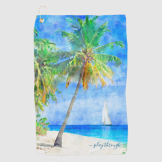 Tropical Island Palm Tree Sailboat Golfhandtuch