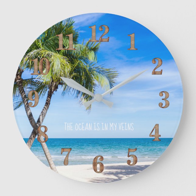 Tropical Island Palm Trees Ocean Caribbean Decor Große Wanduhr (Vorderseite)