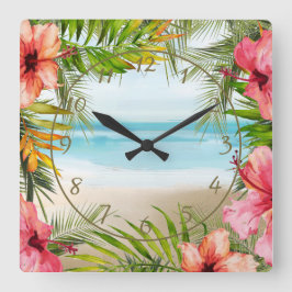 Tropical Island Paradise Palms | HIBISKUS BLUME Quadratische Wanduhr