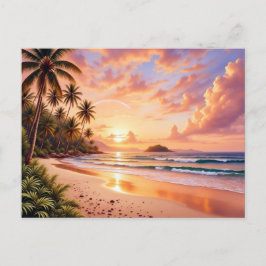 Tropical Island Paradise & Sunset Vibrant Rainbow Postkarte