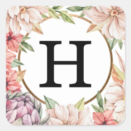 Tropical Island Pastel Floral Wedding Monogram Quadratischer Aufkleber