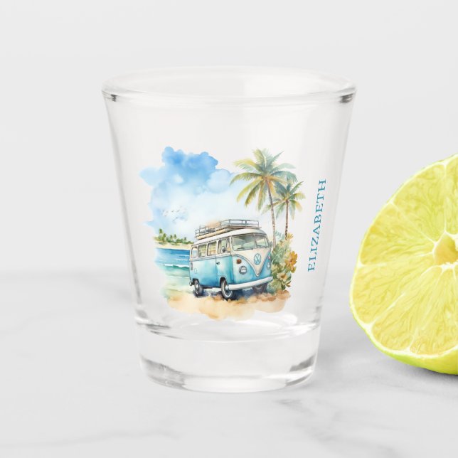 Tropical Island Retro Blue Bus Schnapsglas (Vorderseite)