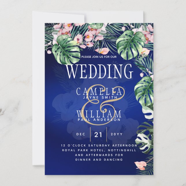 Tropical Island Royal Blue Flowers Blätter Wedding Einladung (Vorderseite)