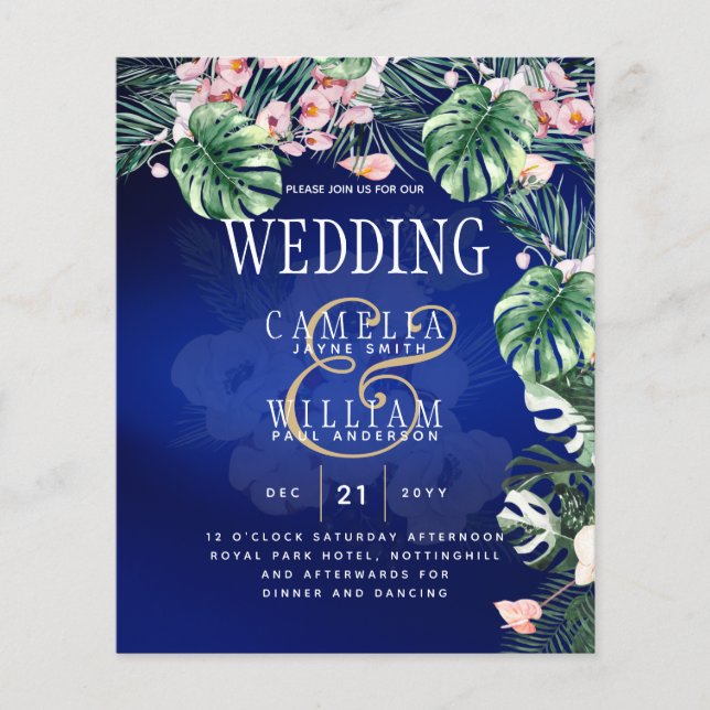 Tropical Island Royal Blue Flowers Blätter Wedding Flyer (Vorne)