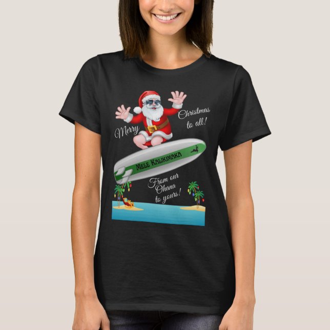 Tropical Island Sandy Beach Surfing Santa Christma T-Shirt (Vorderseite)