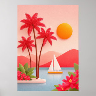  tropical island scene with palm trees,  sailboat poster