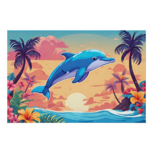 Tropical Island Sunset and Dolphin Poster