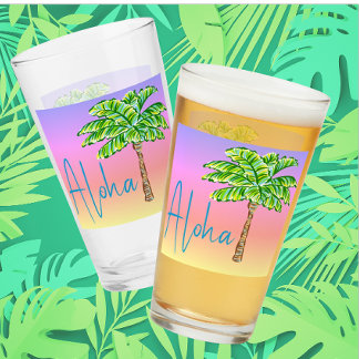 Tropical Island Sunset Green Palm Tree Aloha Glas
