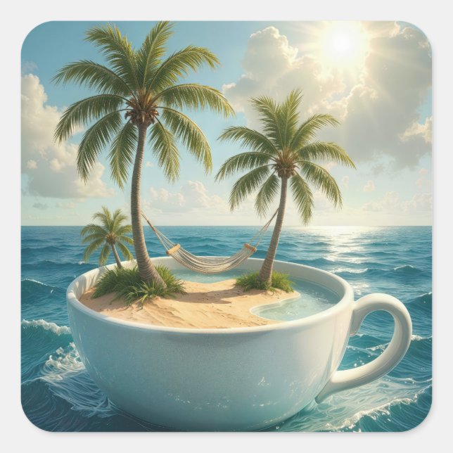 Tropical Island With Hammock in a Teacup Quadratischer Aufkleber (Vorderseite)