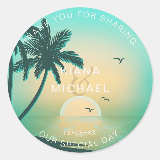 Tropical Isle Sunrise Wedding dank Aquamarinem ID5 Runder Aufkleber (Vorderseite)