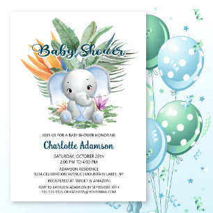 Tropical Jungle Baby Blue Elephant Baby Dusche Einladung