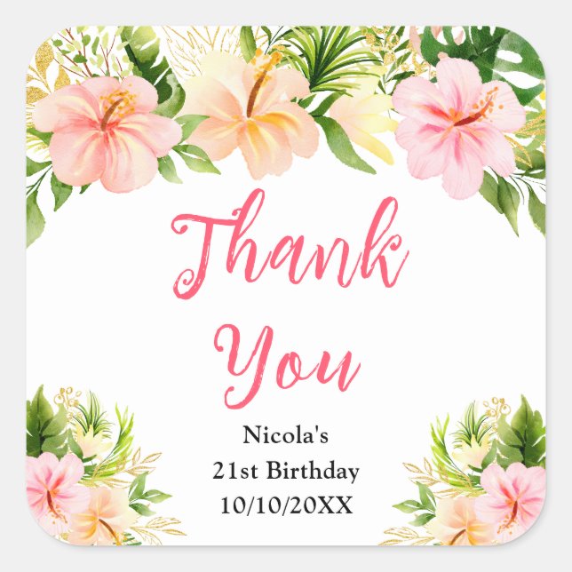 Tropical Jungle Floral Birthday Thank You Quadratischer Aufkleber (Vorderseite)