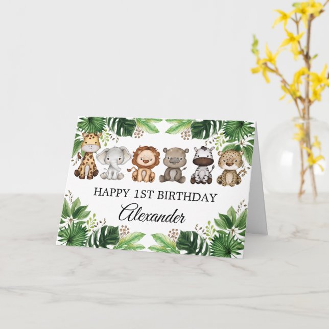 Tropical Jungle Safari Tiere Happy Birthday Card Karte (Gelbe Blume)