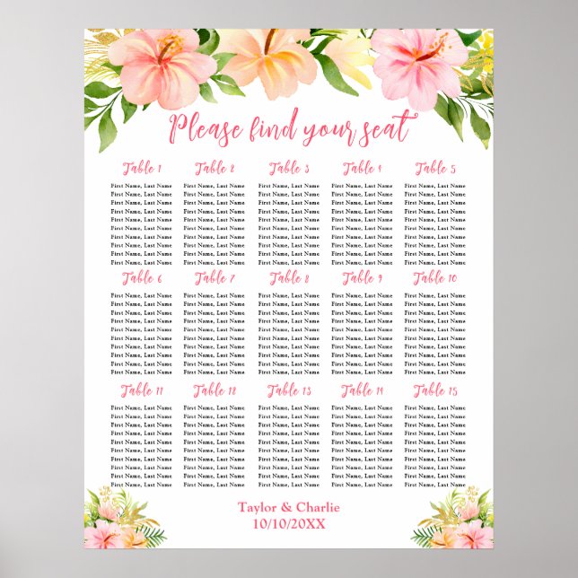 Tropical Jungle Wedding 15 Tables Seating Chart Poster (Vorne)