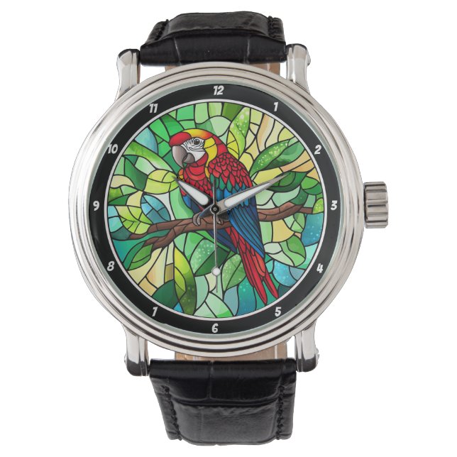Tropical Kaleidoscope" - Stained Glass Parrot Armbanduhr (Vorderseite)