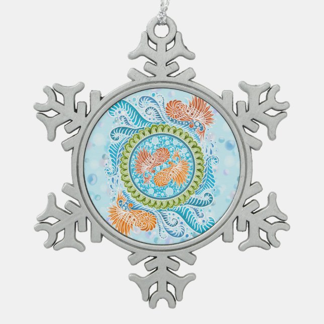 Tropical Koi Mandala | Vibranly Ocean Zen Art Schneeflocken Zinn-Ornament (Vorderseite)