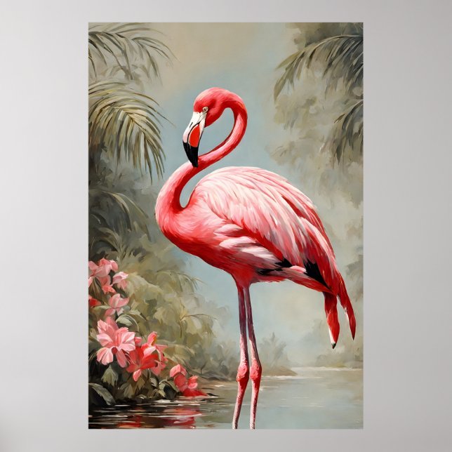 Tropical Lake Side Pink Flamingo Vintag Poster (Vorne)
