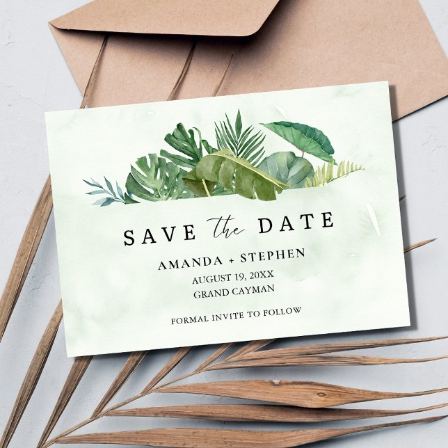 Tropical Leaf Beach Hochzeit Save the Date Einladung (Tropical Leaf Beach Wedding Save the Date)