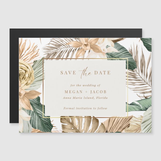 Tropical Leaf Beach Hochzeit Save the Date Magneteinladung (Vorne/Hinten)